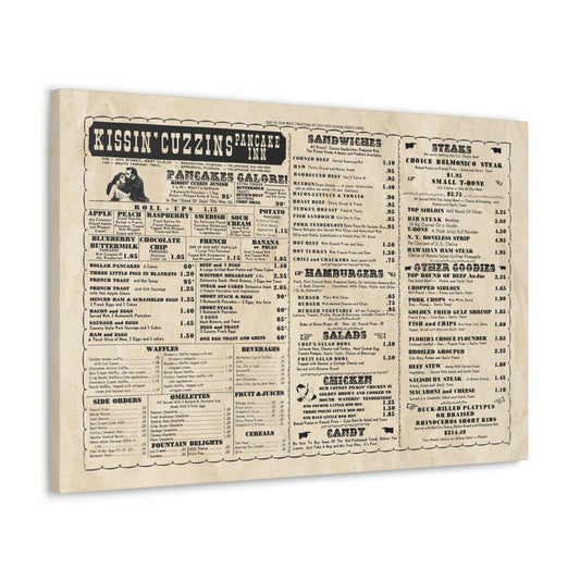 Kissin' Cuzzins Pancake Inn - Vintage Menu on Canvas